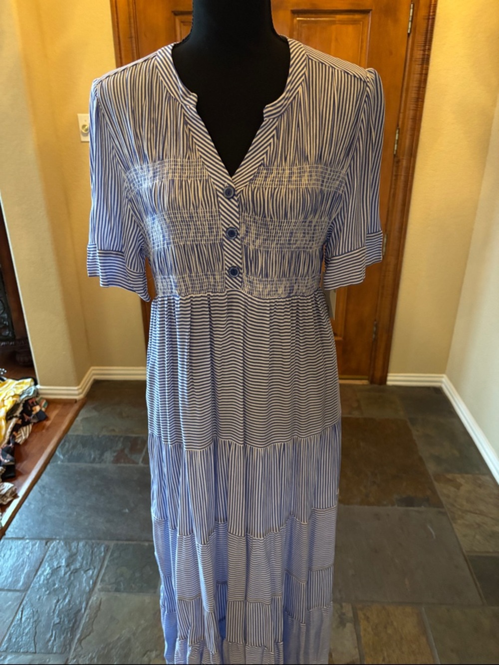 Women's Light Blue Striped Maxi Dress with Button Front - Picture 2 of 7